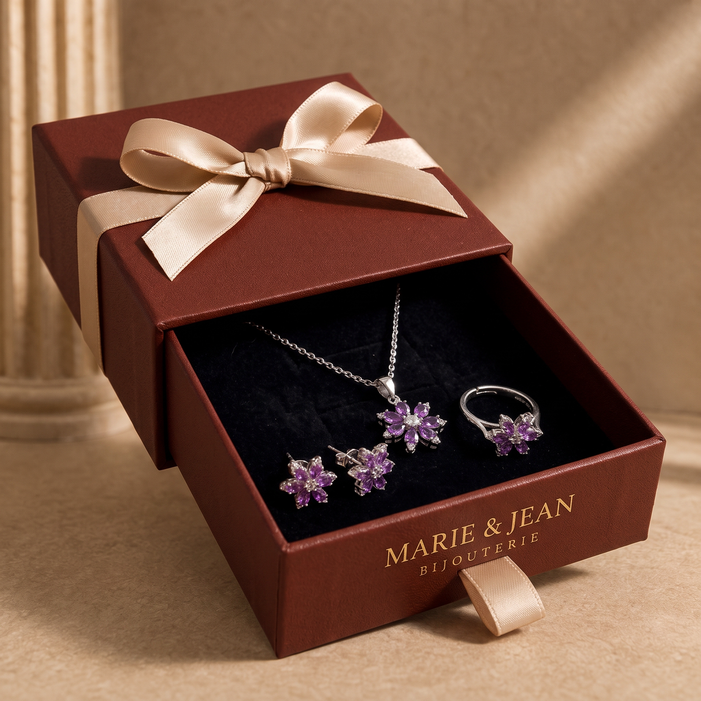 Parure Bijoux Floraison Violet Améthyste | Or Blanc