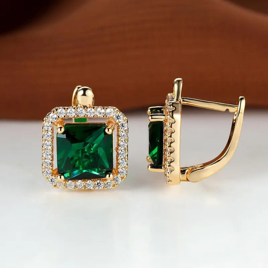 Boucles d'Oreilles Zircone Carrée Verte Dorée | Or