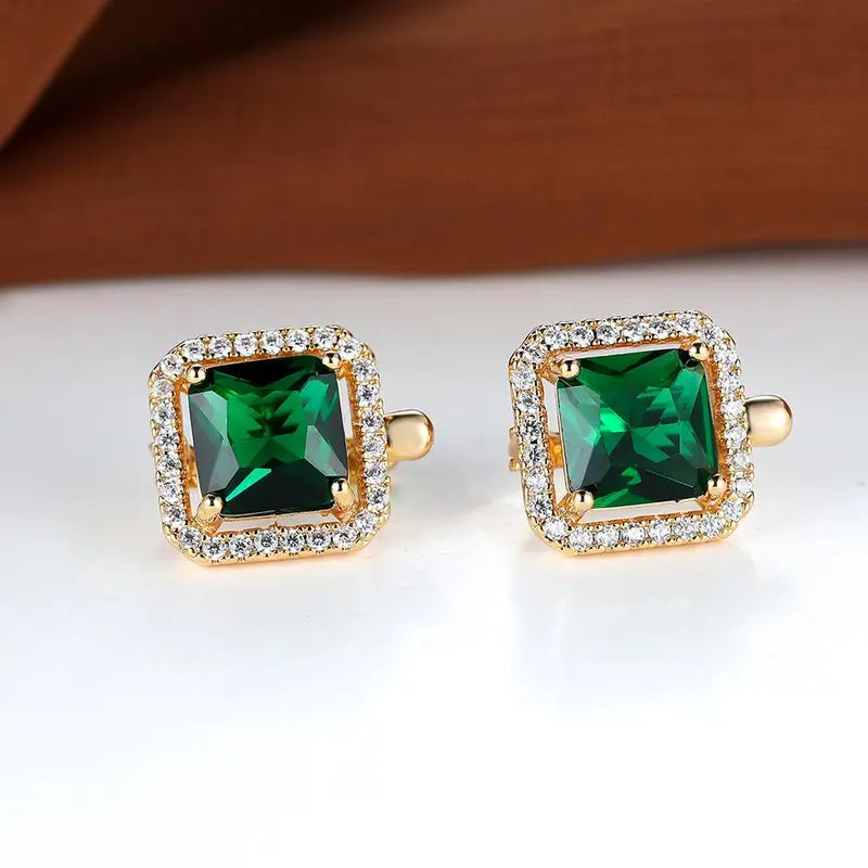 Boucles d'Oreilles Zircone Carrée Verte Dorée | Or