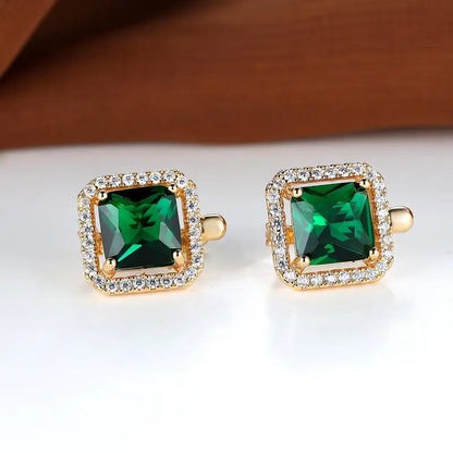 Boucles d'Oreilles Zircone Carrée Verte Dorée | Or