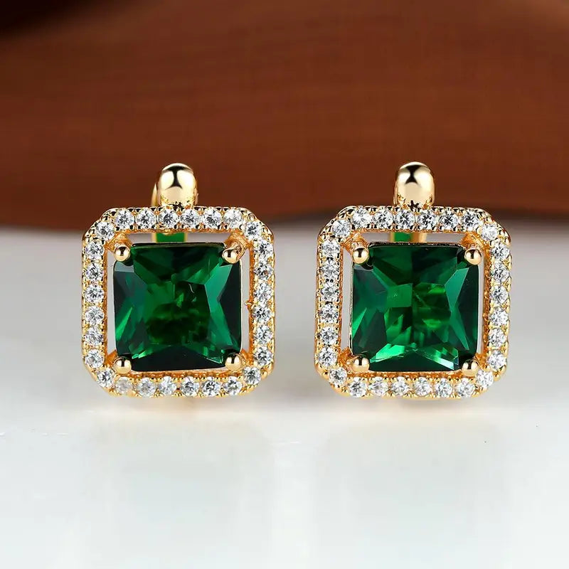 Boucles d'Oreilles Zircone Carrée Verte Dorée | Or