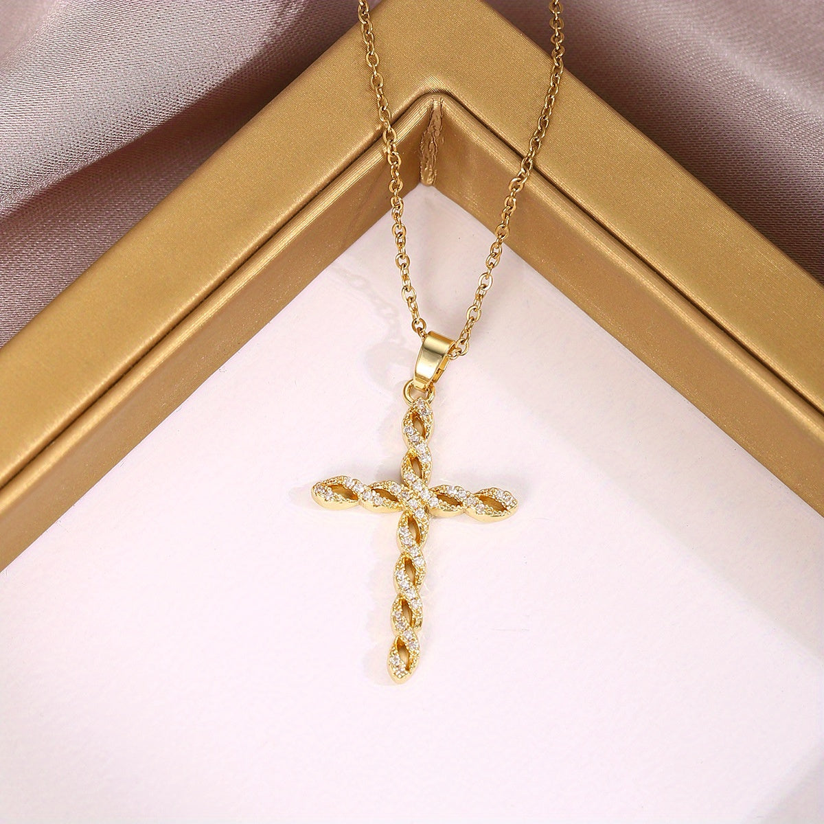 Collier Croix Torsadée Cristal | Or
