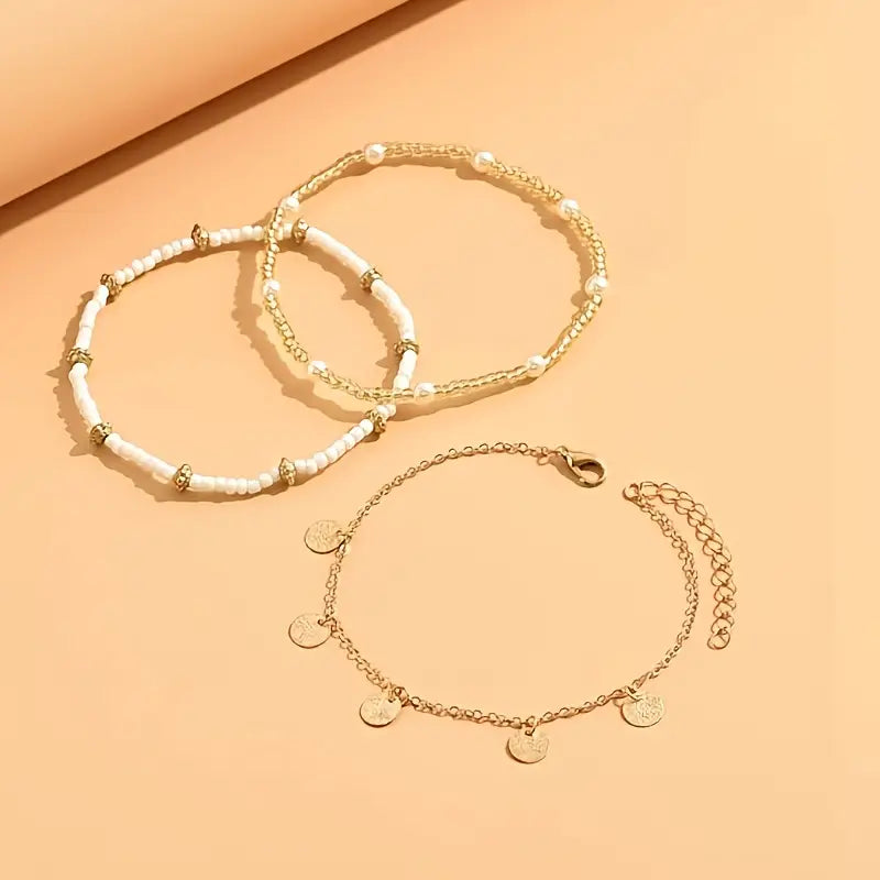 Parure 3 Bracelets de Cheville Multicouches Charme Côtier | Or