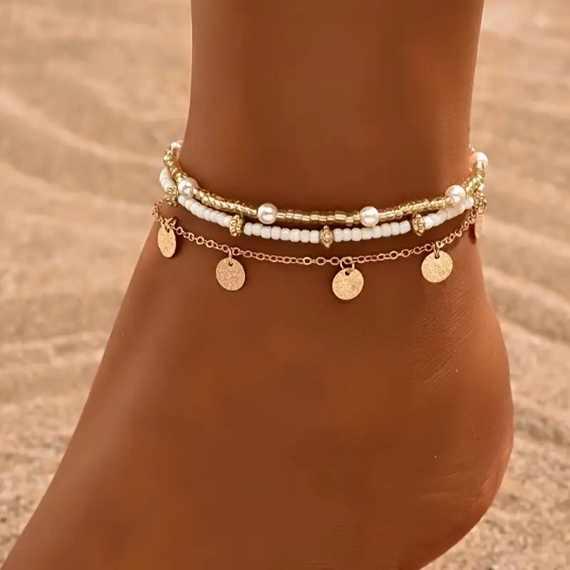 Parure 3 Bracelets de Cheville Multicouches Charme Côtier | Or