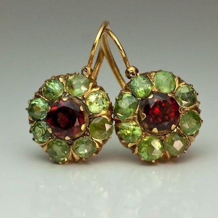 Boucles d'Oreilles Cristal Vert et Rouge Vintage | Or