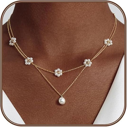 Collier Multicouches Perles Florales | Or