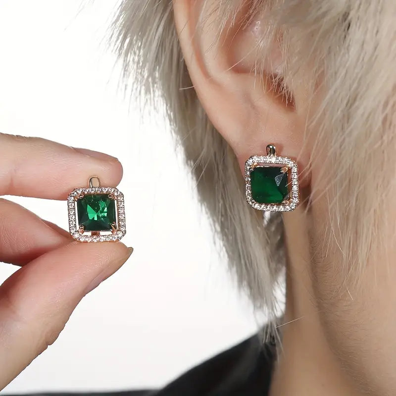 Boucles d'Oreilles Zircone Carrée Verte Dorée | Or