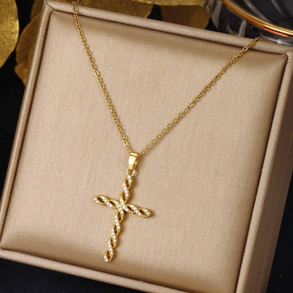 Collier Croix Torsadée Cristal | Or