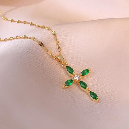 Collier Croix Émeraude | Or