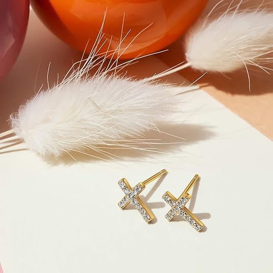 Boucles d'Oreilles Clou Croix Pavées | Or