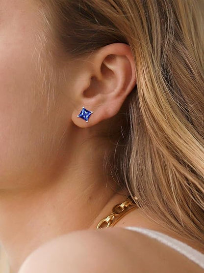 Boucles d'Oreilles Clou Saphir Taille Princesse Minimaliste | Or Blanc