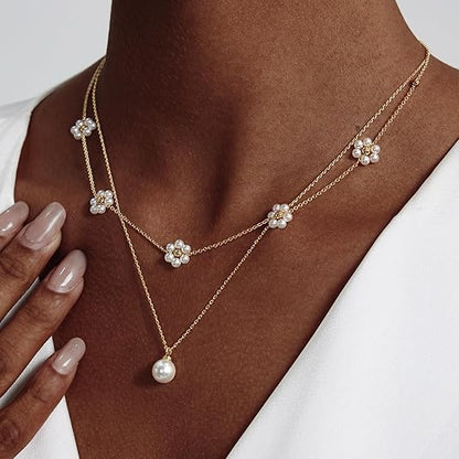 Collier Multicouches Perles Florales | Or