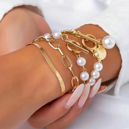 Parure 4 Bracelets Chic Serpent Perles et Mailles | Or