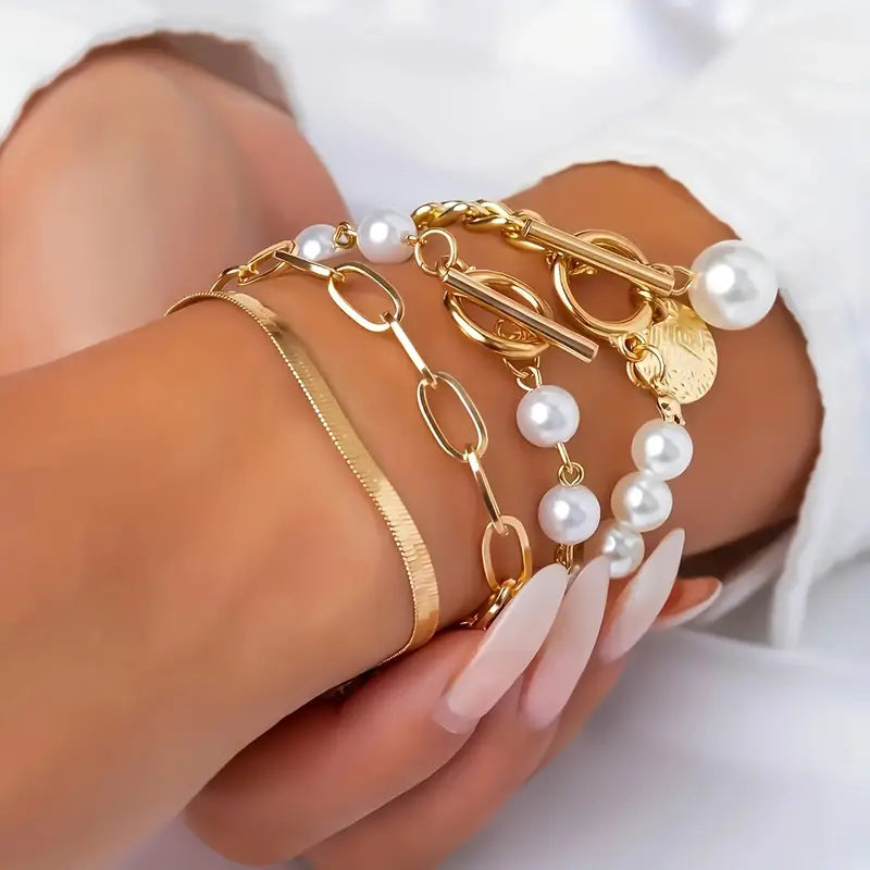 Parure 4 Bracelets Chic Serpent Perles et Mailles | Or