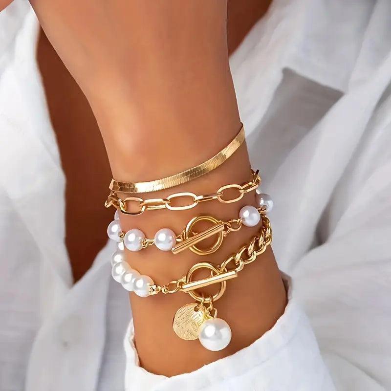Parure 4 Bracelets Chic Serpent Perles et Mailles | Or
