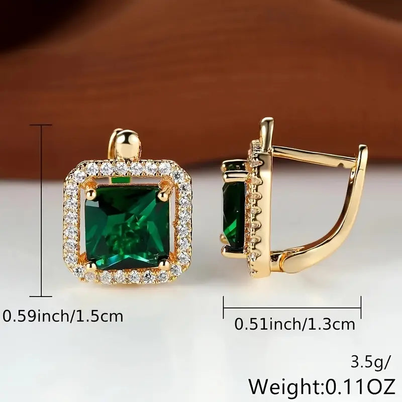 Boucles d'Oreilles Zircone Carrée Verte Dorée | Or
