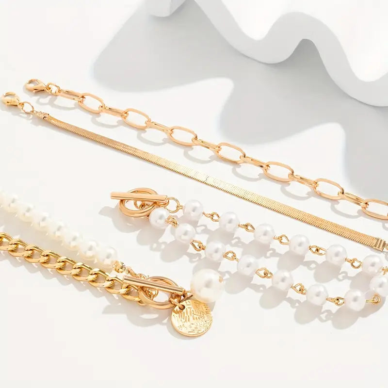Parure 4 Bracelets Chic Serpent Perles et Mailles | Or