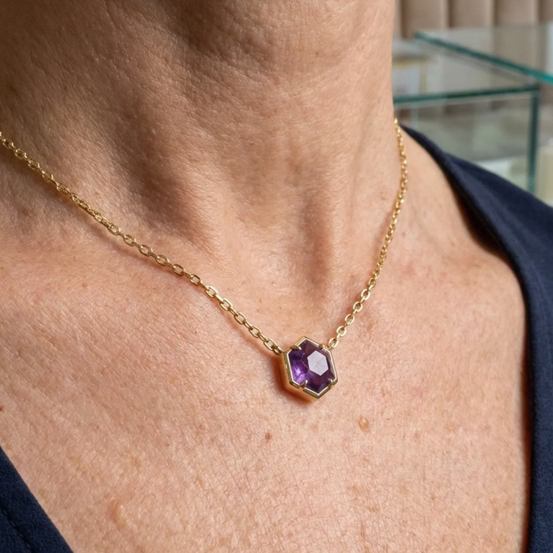 Collier Pendentif Serti Clos Améthyste | Or Rose