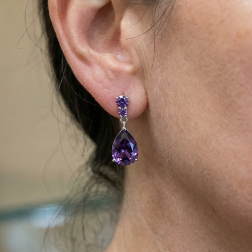 Boucles d'Oreilles Goutte de Rosée Améthyste | Or Blanc
