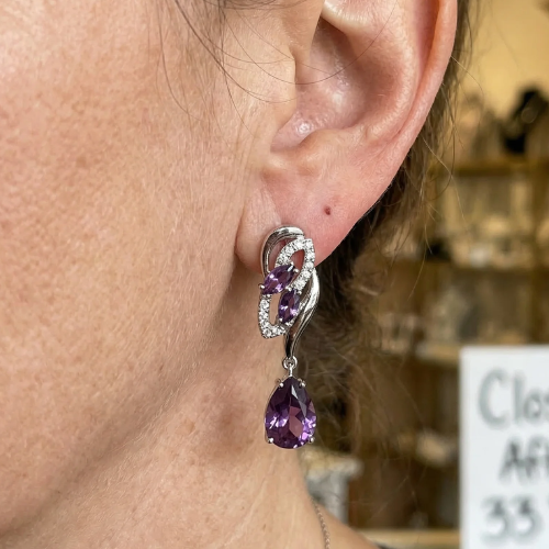Boucles d'Oreilles Pendantes Scintillantes Améthyste | Or Blanc