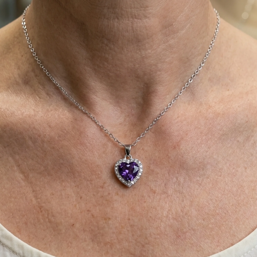 Collier Cœur Améthyste Radieux | Or Blanc