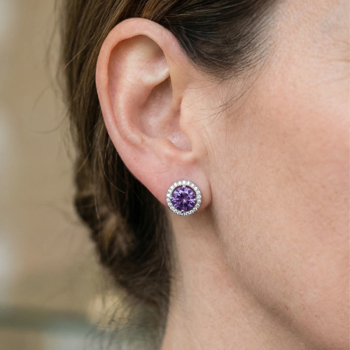 Boucles d'Oreilles Clou Améthyste Ronde Pavée | Or Blanc