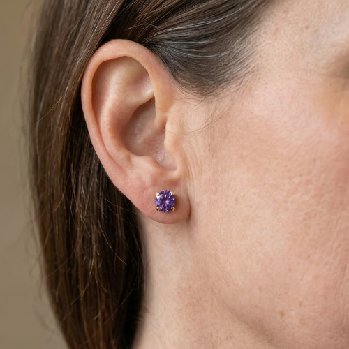 Boucles d'Oreilles Clou Améthyste Ronde | Or Blanc