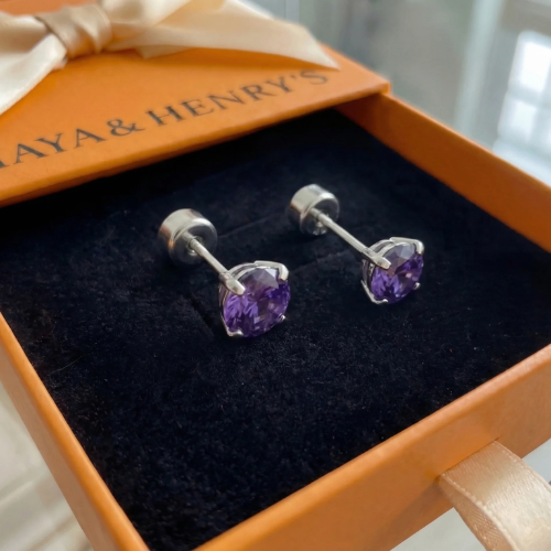 Boucles d'Oreilles Clou Améthyste Ronde | Or Blanc