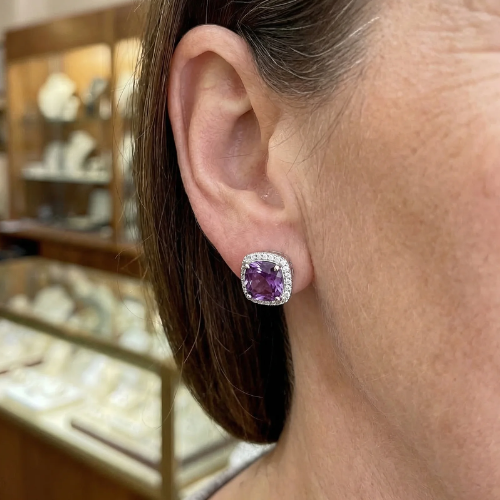 Boucles d'Oreilles Clou Carrées Améthyste Pavée | Or Blanc