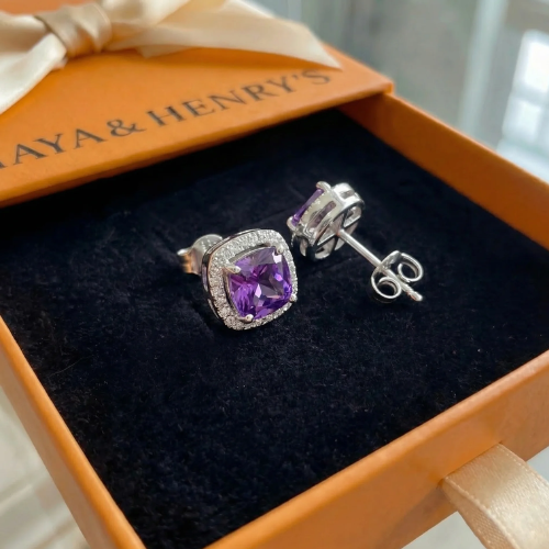 Boucles d'Oreilles Clou Carrées Améthyste Pavée | Or Blanc