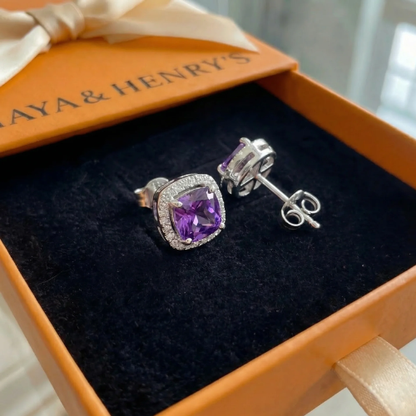 Boucles d'Oreilles Clou Carrées Améthyste Pavée | Or Blanc