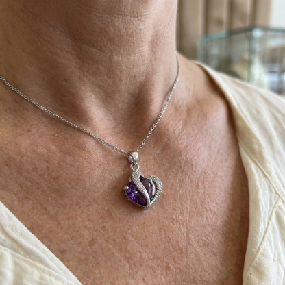 Collier Double Cœur Améthyste | Or Blanc