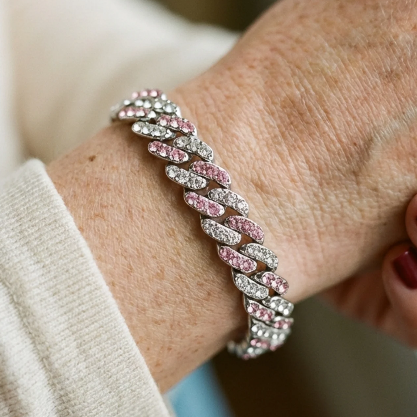 Bracelet Maille Cubaine Blush Arctique | Or Blanc