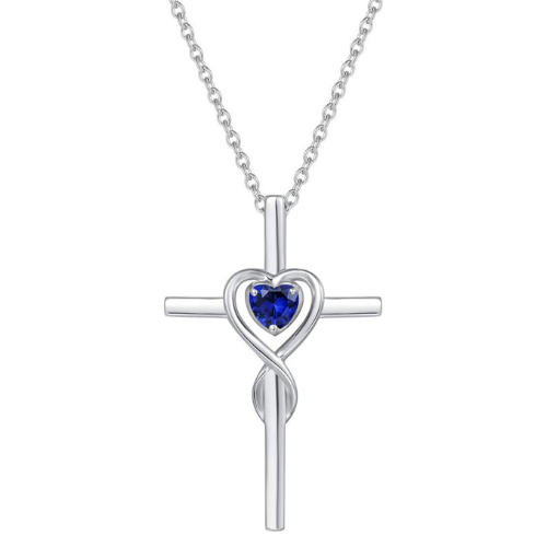 Collier Croix Pierre Cœur Saphir | Or Blanc