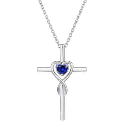 Collier Croix Pierre Cœur Saphir | Or Blanc