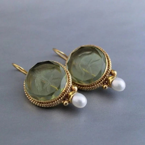 Boucles d'Oreilles Pierre Verte et Perle Arrondie Antique | Or Blanc