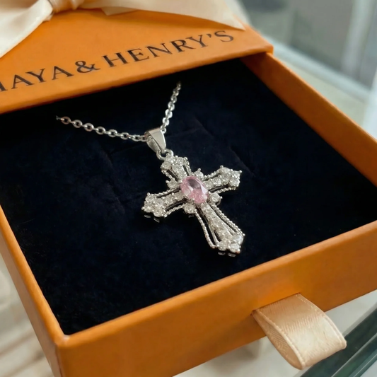 Collier Croix Céleste Rose | Or Blanc