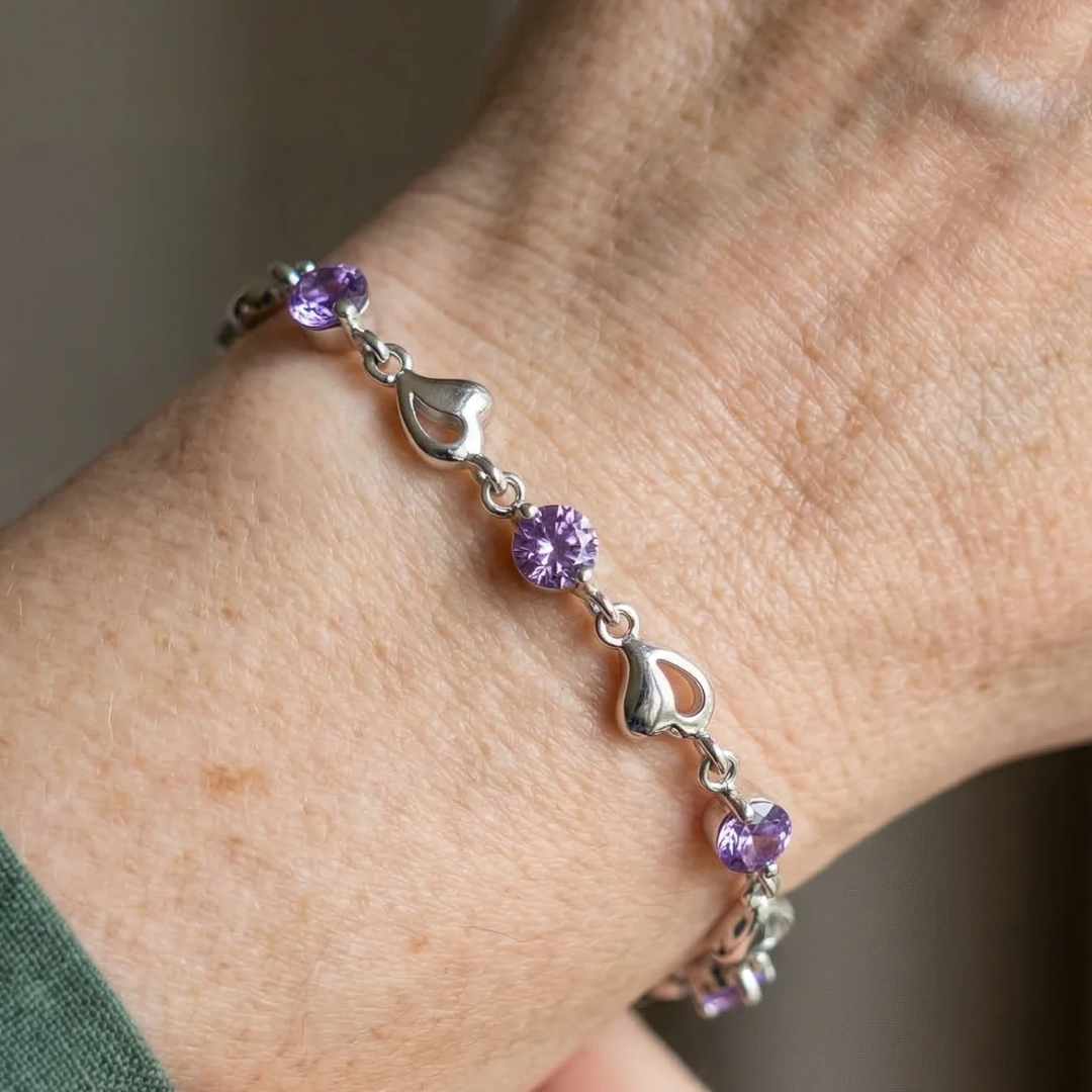 Bracelet Breloque Cœur Améthyste | Or Blanc