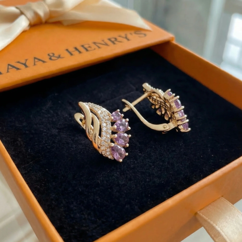 Boucles d'Oreilles Plume Violette Nyvella | Or Rose