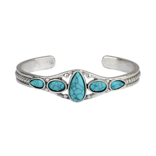 Bracelet Ouvert Larme Turquoise | Or Blanc