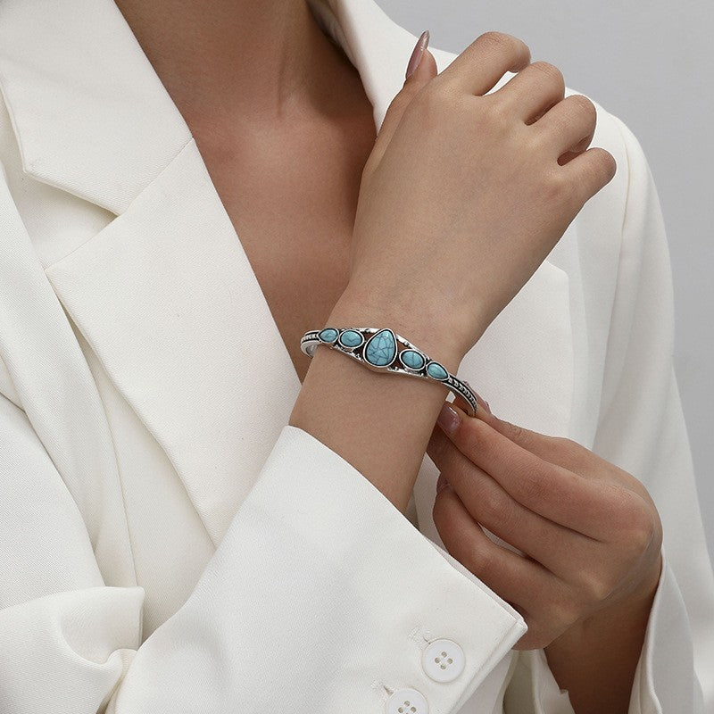 Bracelet Ouvert Larme Turquoise | Or Blanc