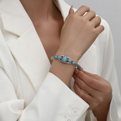 Bracelet Ouvert Larme Turquoise | Or Blanc