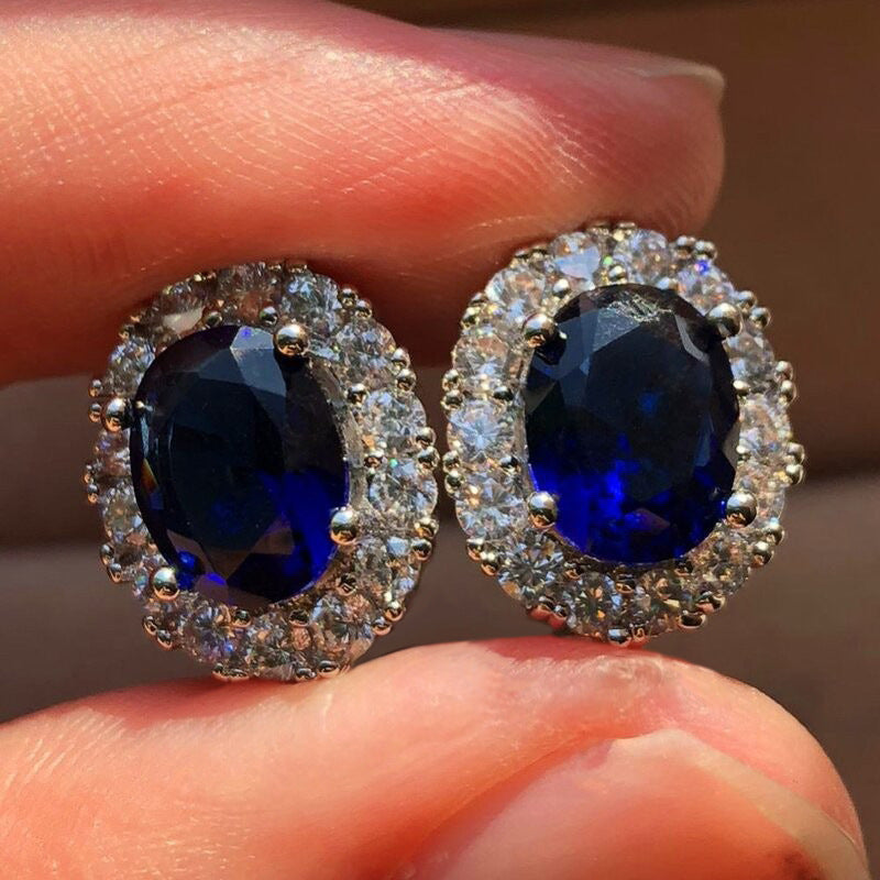 Boucles d'Oreilles Clou Saphir Blanc Ovale | Or Blanc