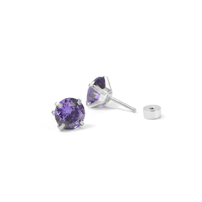 Boucles d'Oreilles Clou Améthyste Ronde | Or Blanc