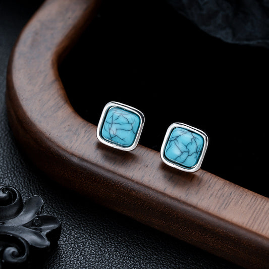 Boucles d'Oreilles Clou Carrées Turquoise | Or Blanc