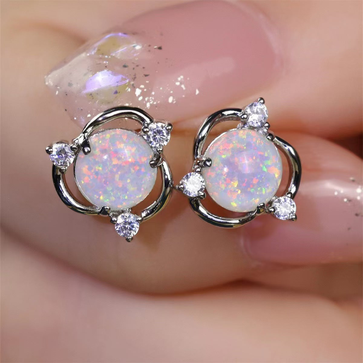 Boucles d'Oreilles Clou Trio Opale | Or Blanc