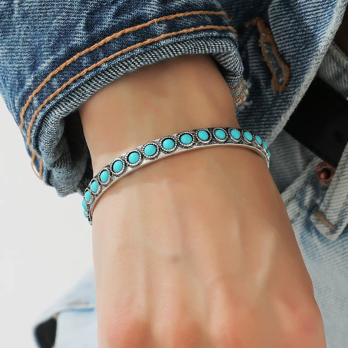 Bracelet Ouvert Turquoise Talisse | Or Blanc