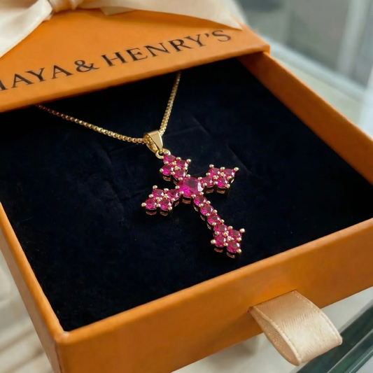 Collier Croix Grappes Rose | Or