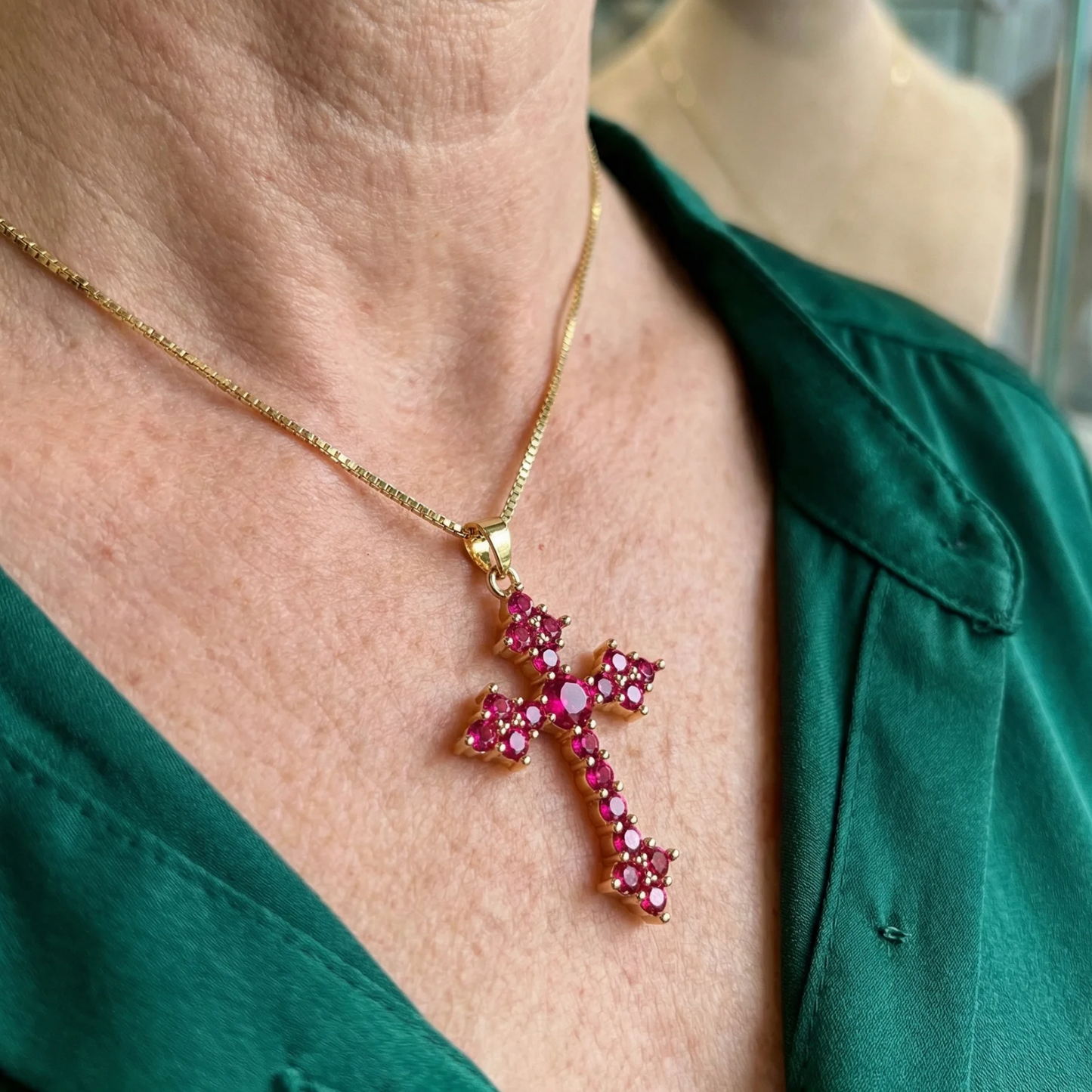 Collier Croix Grappes Rose | Or