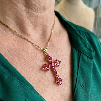 Collier Croix Grappes Rose | Or